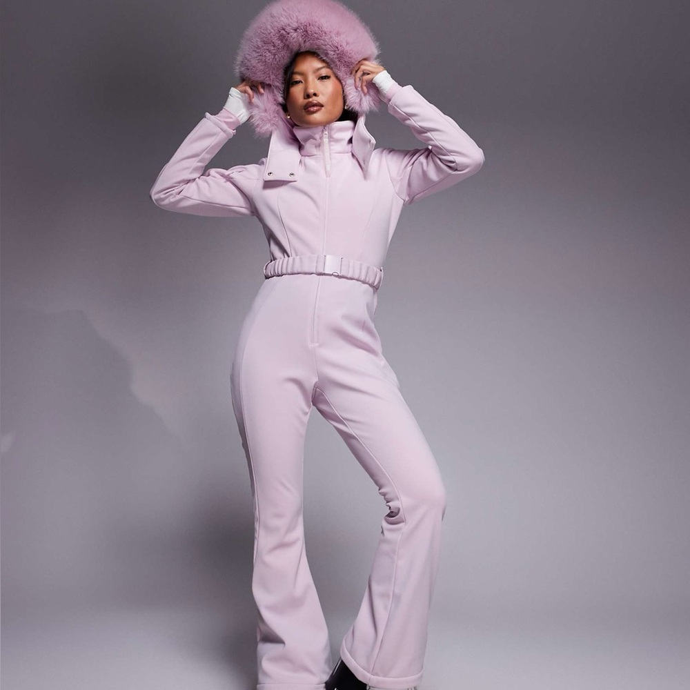 ASOS Pink Ski One-Piece Jumpsuit with Faux Fur Hood